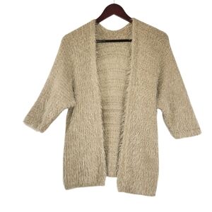 Women's Fuzzy Open Front Cardigan Tan Beige 3/4 Sleeve Made In Italy